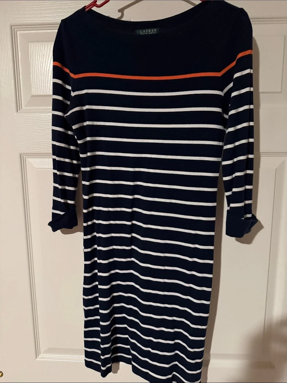 Lauren Ralph Lauren Navy and White Striped Boatneck Dress with Orange Trim